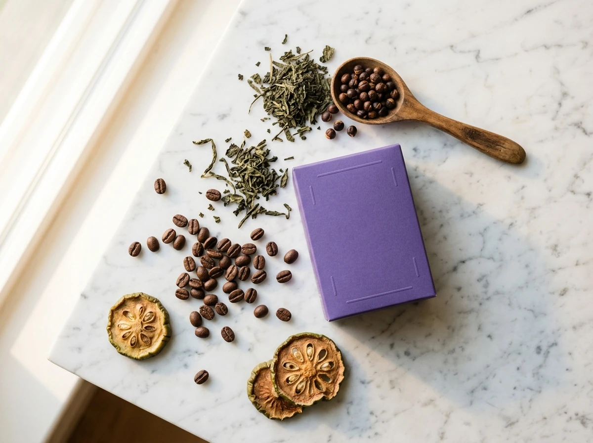 Botanical ingredients flat-lay: coffee beans, green tea leaves, guarana seeds and Garcinia fruit