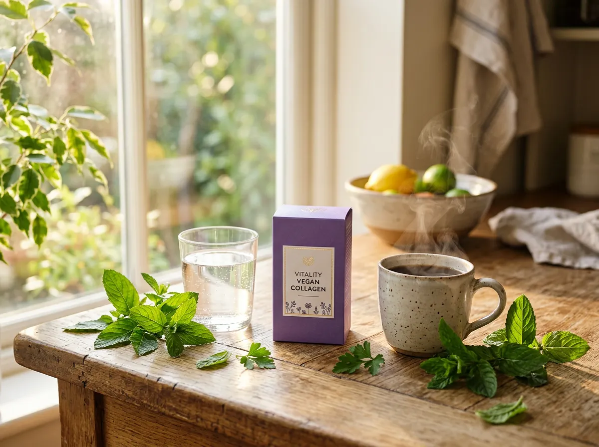 Morning kitchen scene with supplement, mug and botanical sprigs
